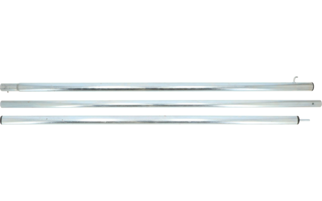 Drei lange Glasröhren mit Metallstiften an den Enden, horizontal auf weißem Hintergrund