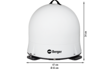 Weißes, rundes Gerät mit Berger-Logo, Abmessungen in Zentimetern daneben