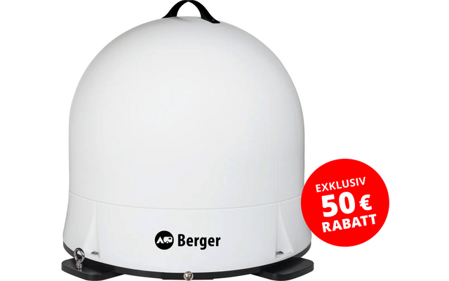 White dome-shaped housing on a black base, black carry handle on top, 'Berger' logo on the front, red circular sticker at lower right with white text 'EXKLUSIV 50 € RABATT'