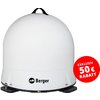 White dome-shaped housing on a black base, black carry handle on top, 'Berger' logo on the front, red circular sticker at lower right with white text 'EXKLUSIV 50 € RABATT'
