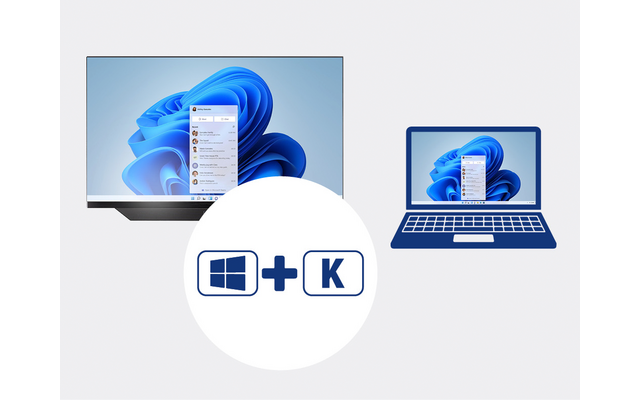 Links ein Monitor mit blauem abstraktem Hintergrund und offenem vertikalem Menü, rechts ein Laptop mit gleichem Hintergrund und kleinerem Menü, unten ein weißer Kreis mit Windows-Logo, Pluszeichen und quadratischem Button mit dem Buchstaben K