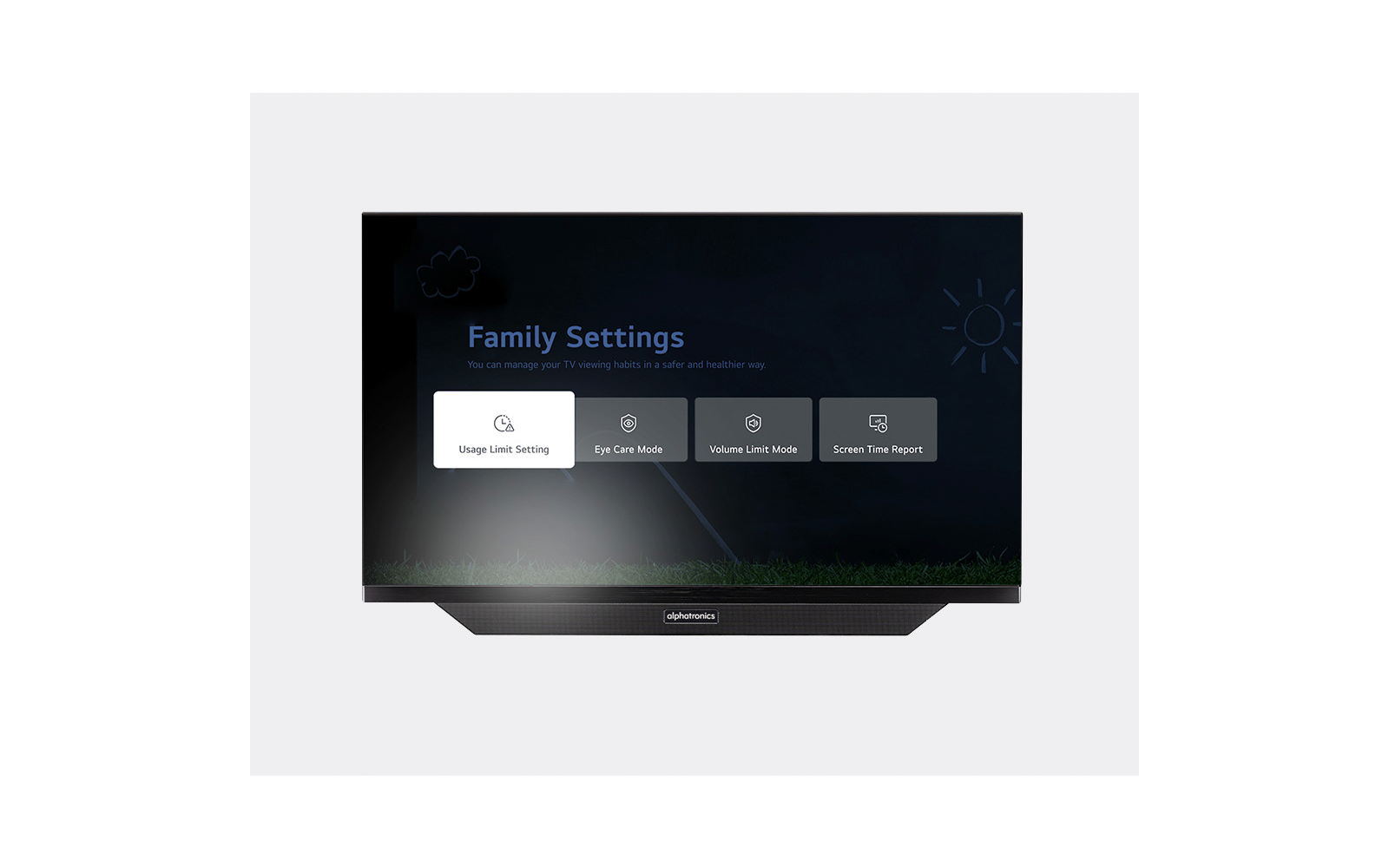 Fernseh-/Monitorbild mit blauem Hintergrund. Oben der Titel 'Family Settings', darunter vier Schaltflächen: 'Usage Limit Setting', 'Eye Care Mode', 'Volume Limit Mode', 'Screen Time Report'. Unter dem Bildschirm eine schwarze Soundbar. Wolken- und So