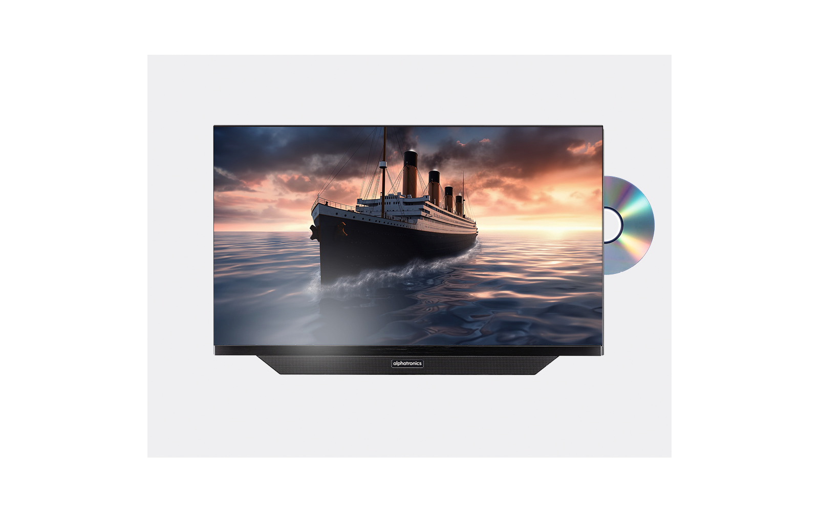 Flachbildfernseher zeigt ein großes Dampfschiff auf ruhiger See unter orangefarbenem Himmel; rechts ist eine teilweise eingesetzte glänzende Disc