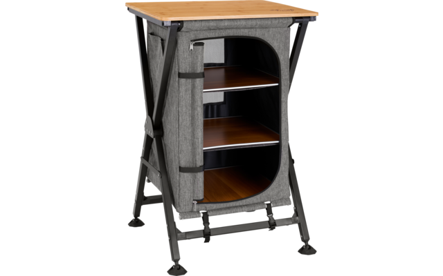 Kleiner Tisch mit Holzplatte und schwarzem Metallgestell, einer Ablagefläche und zwei offenen Fächern