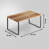 Holzplatte auf zwei schwarzen U-förmigen Metallbeinen, Pfeile und Maßangaben 32 cm, 19 cm, 16 cm auf grauem Hintergrund