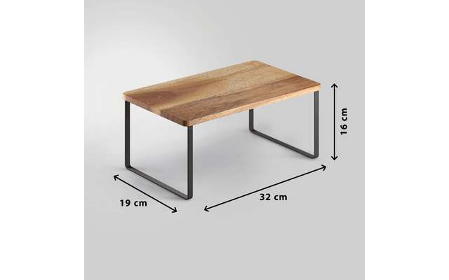 Holzplatte auf zwei schwarzen U-förmigen Metallbeinen, Pfeile und Maßangaben 32 cm, 19 cm, 16 cm auf grauem Hintergrund
