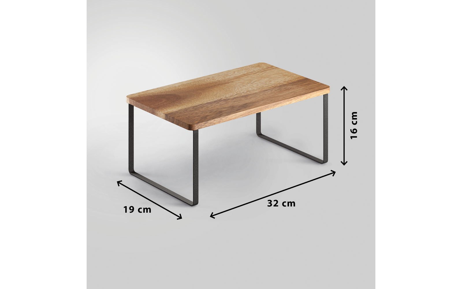 Holzplatte auf zwei schwarzen U-förmigen Metallbeinen, Pfeile und Maßangaben 32 cm, 19 cm, 16 cm auf grauem Hintergrund