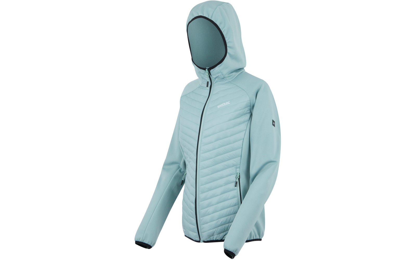 Veste à capuche bleu clair avec fermeture éclair et poches latérales, vue de face et de gauche