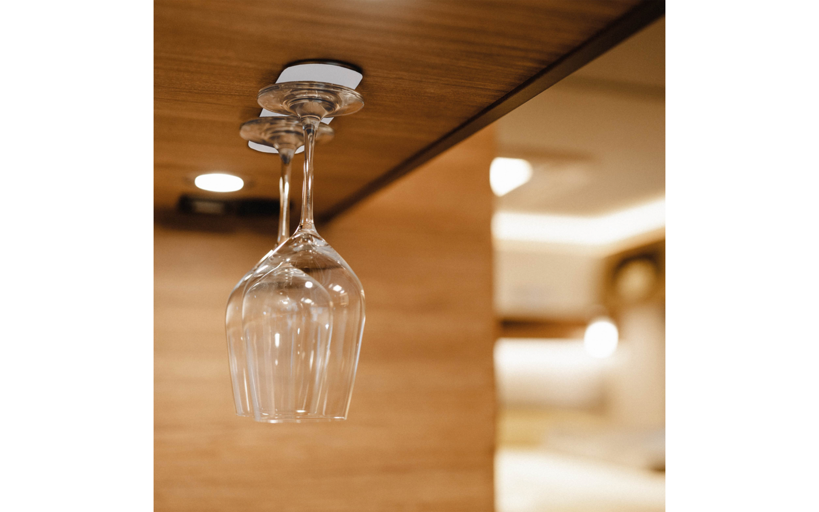 Two upside-down wine glasses hanging on a wooden wall