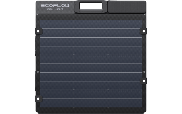 Quadratisches schwarzes Panel mit dunkelblauen Solarzellen im Raster, schwarzer Rahmen, oben links weißer Schriftzug "ECOFLOW", oben mittig kleines rechteckiges Display, oben rechts gepolsterte rechteckige Fläche und seitlich mehrere runde Metallösen
