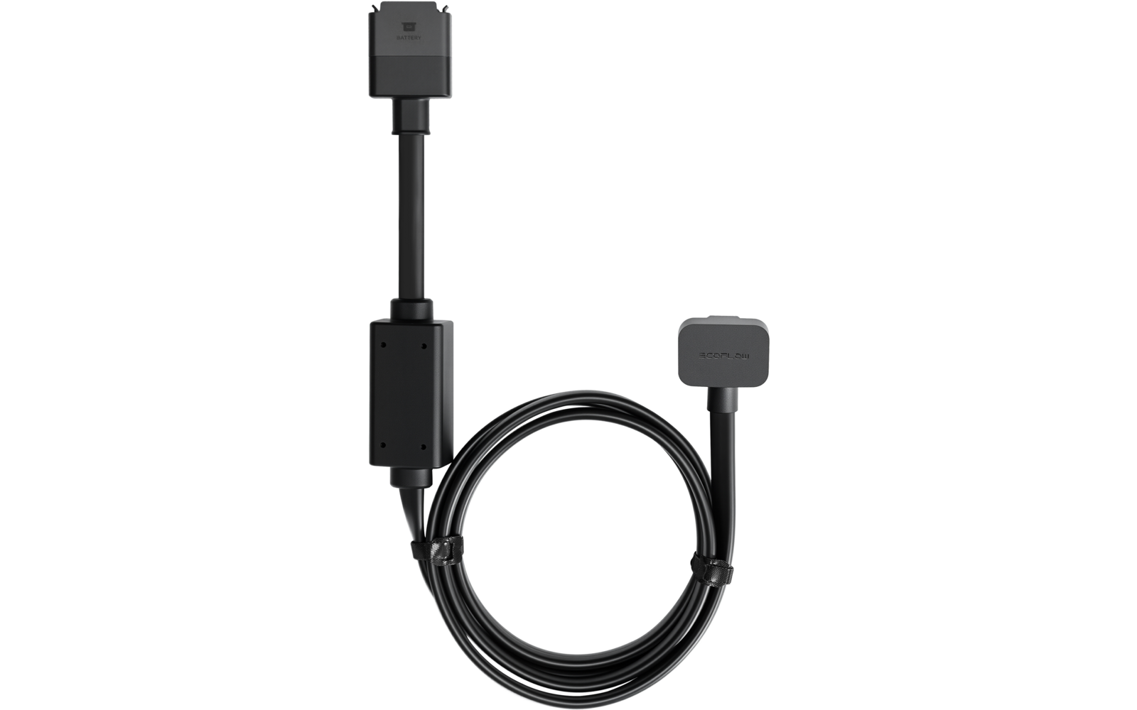 Schwarzes Kabel mit zwei rechteckigen Steckern; ein Ende führt zu einem länglichen rechteckigen Gehäuse, das andere hat einen kurzen rechteckigen Stecker; das Kabel ist teilweise aufgerollt