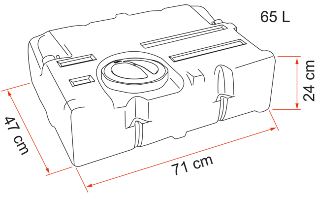 Weißer rechteckiger Kunststofftank mit Deckel und Maßen 71 cm Länge, 47 cm Breite, 24 cm Höhe