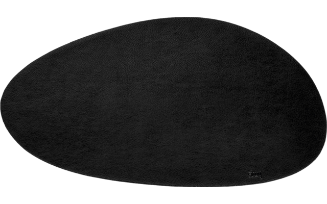 Black, irregular oval rug on white background