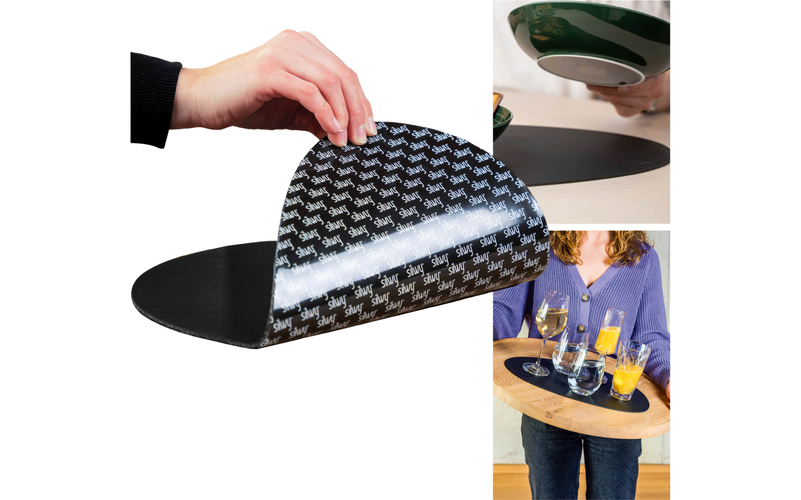 Hand lifting black flexible mat with white pattern, second hand holding green plate, person holding snack tray with glasses and orange juice