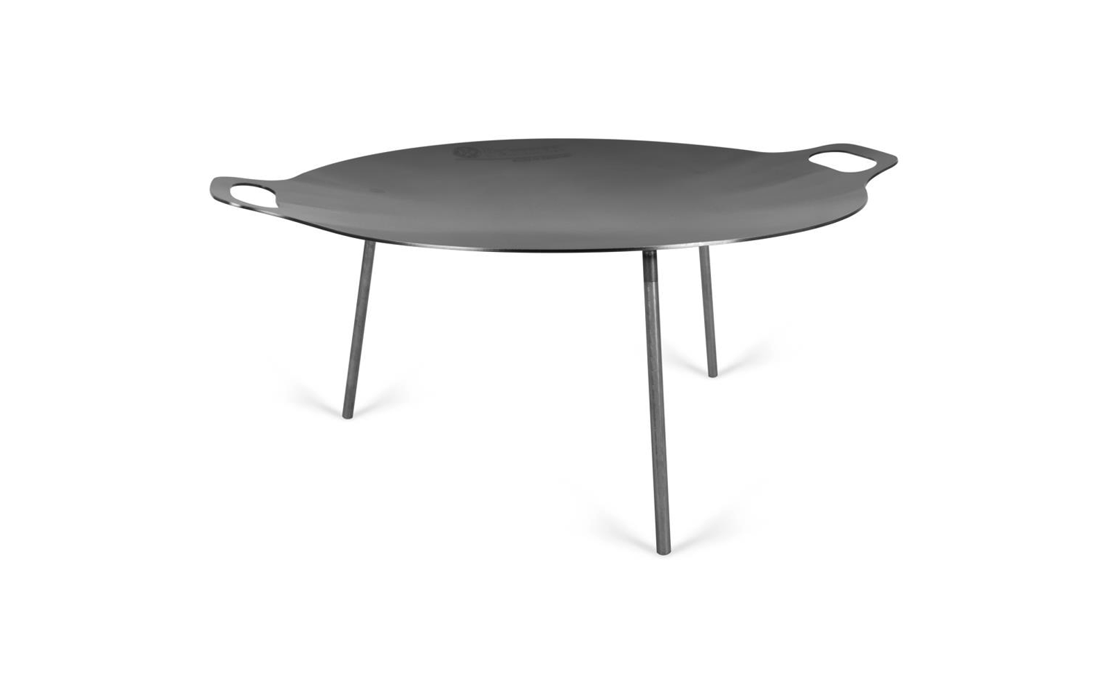 Runde flache graue Platte auf drei schlanken Beinen mit zwei seitlichen Grifföffnungen