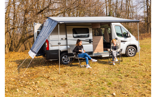 Weißer Camper-Van mit ausgefahrener Markise auf einer Wiese vor kahlen Bäumen; zwei Personen sitzen an einem kleinen Tisch vor der offenen Seitentür
