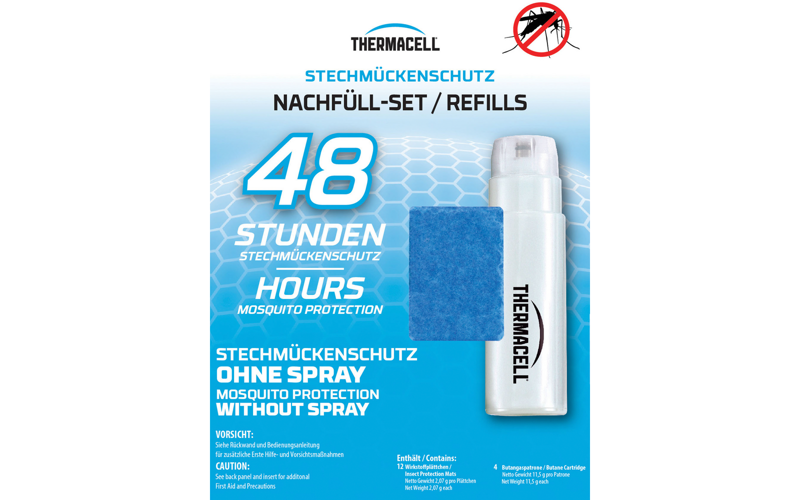 Verpackung mit Logo 'THERMACELL', durchgestrichene Mücke im roten Kreis, große Zahl '48', sichtbare Wörter 'STUNDEN' und 'HOURS MOSQUITO PROTECTION', blaues Pad und weiße Kartusche mit Schriftzug 'THERMACELL', Texte 'STECHMÜCKENSCHUTZ NACHFÜLL-SET / 