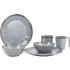 Two round flat plates, two round bowls, and two mugs with handles, light gray with a brown rim and fine speckled spiral pattern