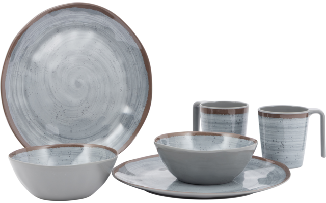 Two round flat plates, two round bowls, and two mugs with handles, light gray with a brown rim and fine speckled spiral pattern