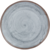 Round ceramic plate viewed from above, light gray spiral glaze with speckles, brown rim