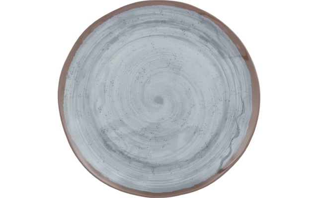Round ceramic plate viewed from above, light gray spiral glaze with speckles, brown rim