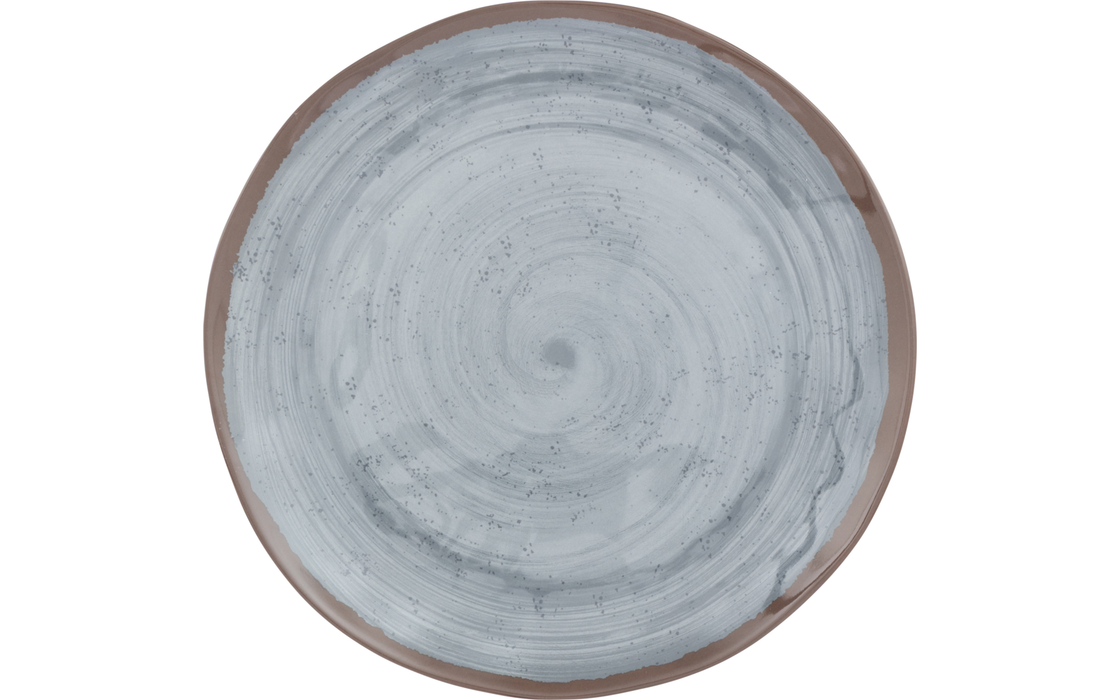 Round ceramic plate viewed from above, light gray spiral glaze with speckles, brown rim