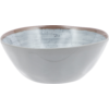 Light-gray bowl with a pale speckled interior and a brown rim