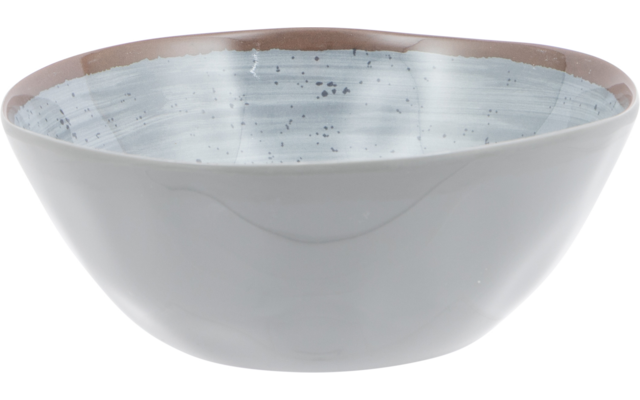 Light-gray bowl with a pale speckled interior and a brown rim