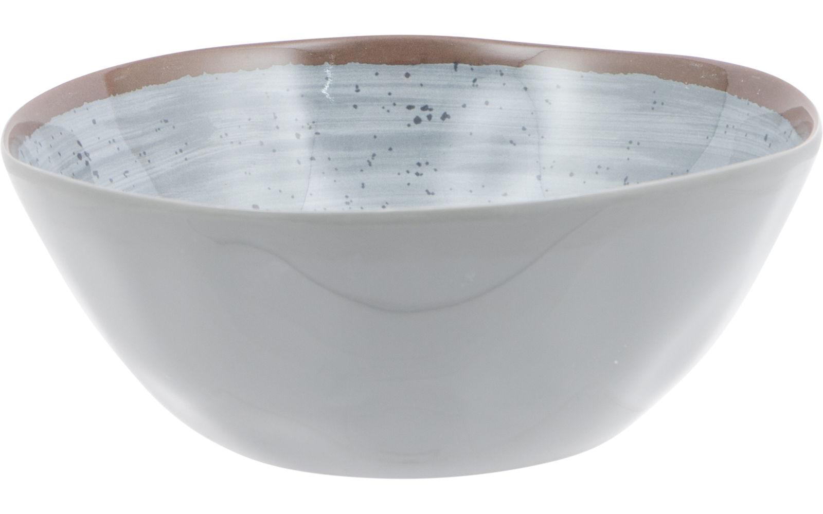Light-gray bowl with a pale speckled interior and a brown rim