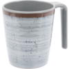 Gray ceramic mug with light horizontal stripes and dark speckles, brown band at the upper inner rim, large side handle