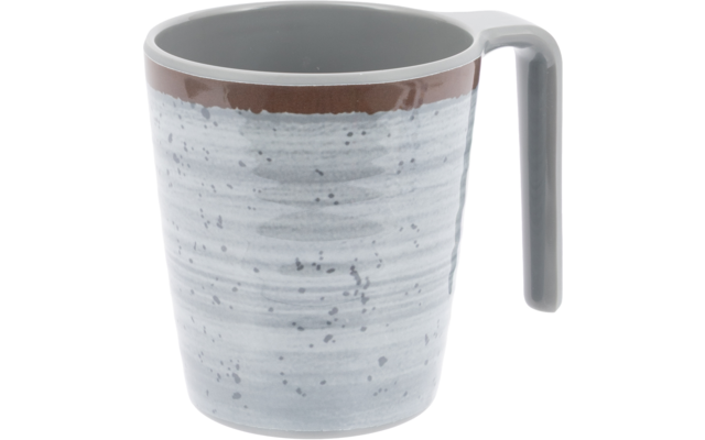 Gray ceramic mug with light horizontal stripes and dark speckles, brown band at the upper inner rim, large side handle