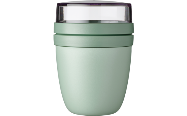 Lichtgroene beker met transparant deksel, donkerpaarse rand en twee horizontale ringen onder het deksel