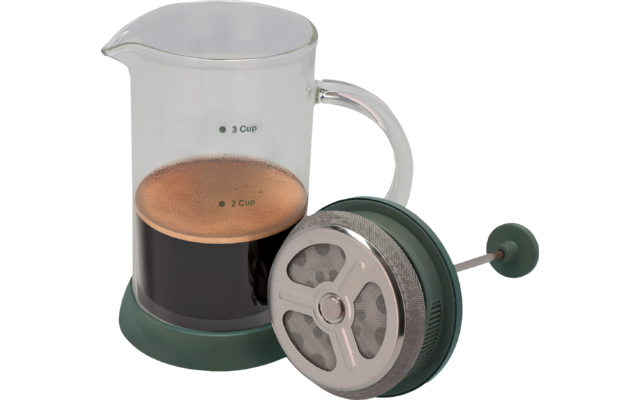 Kaffeebereiter aus Glas mit schwarzem Kunststoffgriff und Deckel mit Sieb