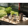 Wooden table outdoors with two potted plants, two glass jars, a glass French press with plunger and a stainless steel pitcher; grass and a vehicle visible in the background