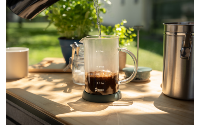 Glass carafe with measurement marks on a wooden surface; a kettle spout pours water into the carafe containing dark brown liquid; mug, small jar, metal canister and a potted green plant in the background, sunlight