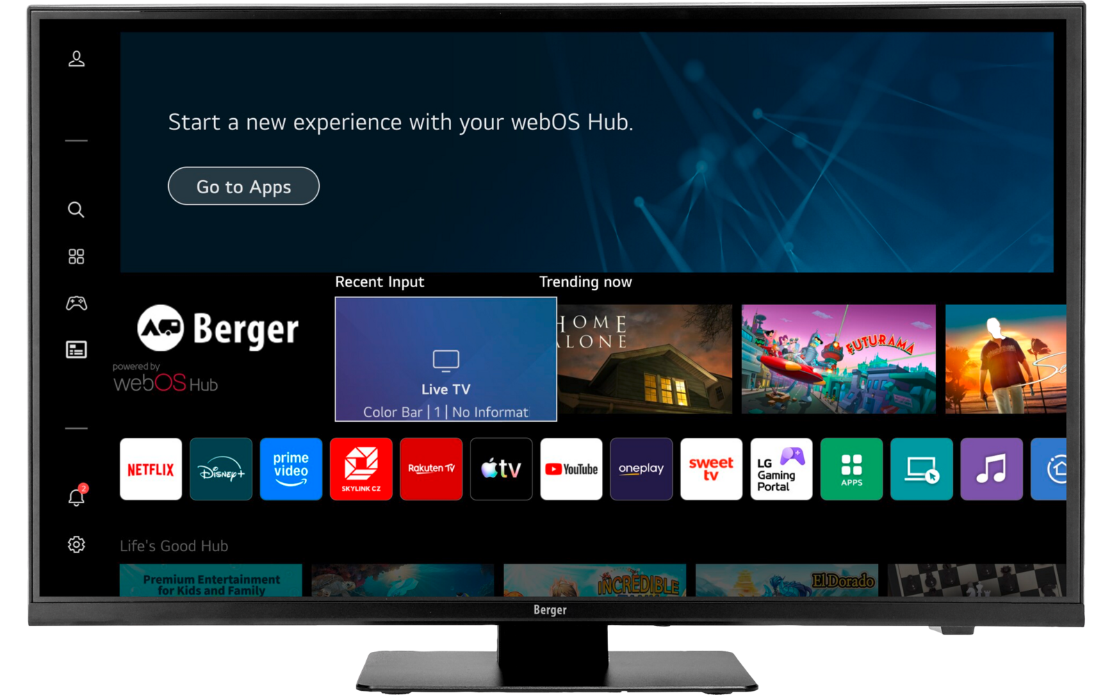 Flacher Fernseher auf Standfuß zeigt Smart‑TV-Startbildschirm; oben weißer Text ‚Start a new experience with your webOS Hub‘ und Button ‚Go to Apps‘; links vertikales Menü; mittig Reihen mit App‑Kacheln (u. a. Netflix, Disney+, Prime Video, Apple TV,