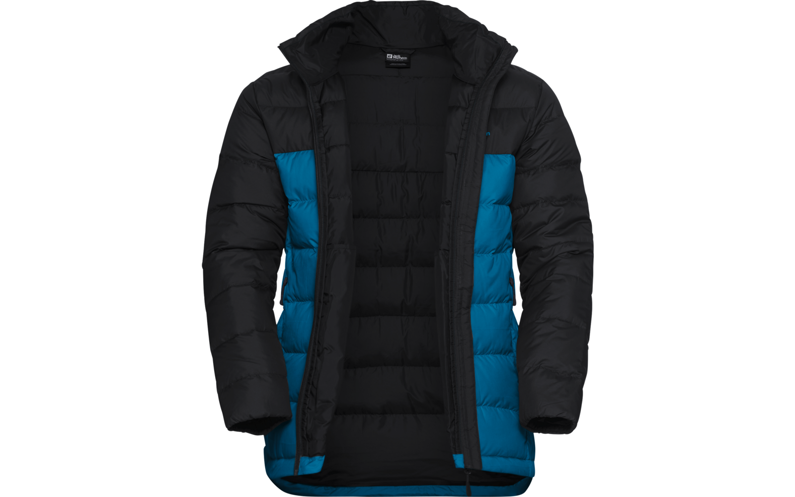 Schwarze Winterjacke mit blauen Seiten und Kapuze