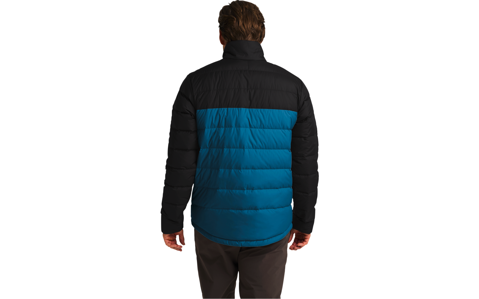 Person von hinten, trägt schwarze und blaue gesteppte Jacke