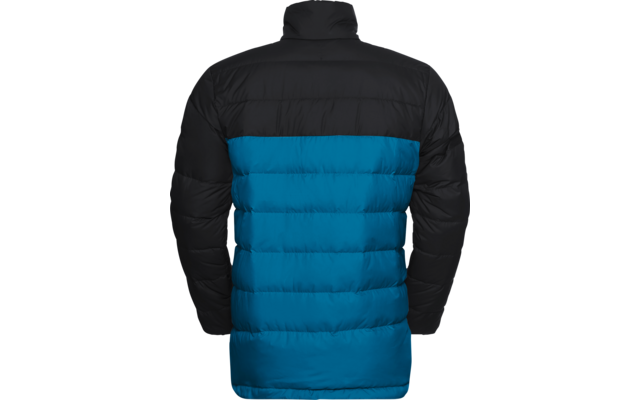 Rückenansicht einer blau-schwarzen Steppjacke mit Kapuze