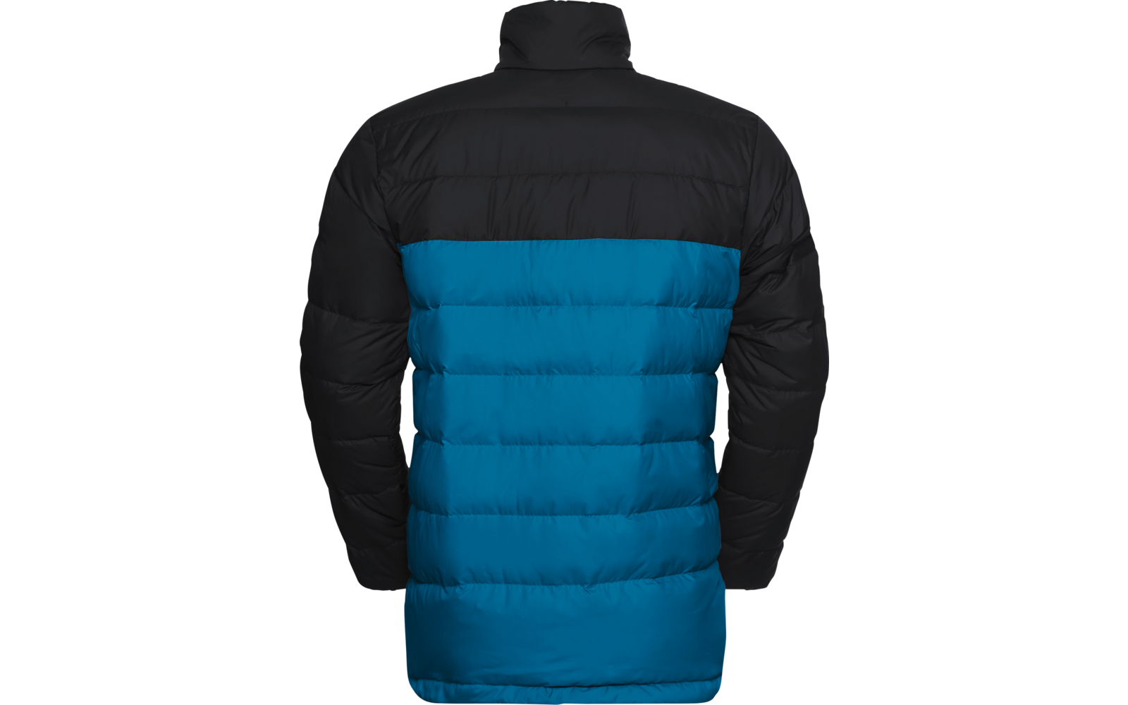 Rückenansicht einer blau-schwarzen Steppjacke mit Kapuze