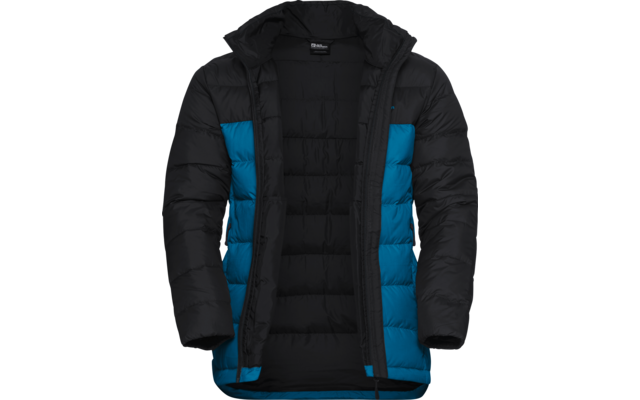Schwarze Winterjacke mit blauen Seiten und Kapuze