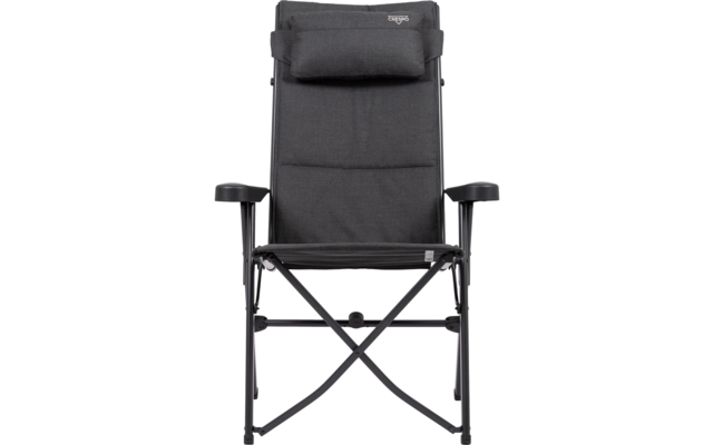 Klappstuhl mit gepolsterter Rückenlehne und Nackenkissen, schwarze Stoffbespannung, Metallgestell mit gekreuzten Streben und Armlehnen