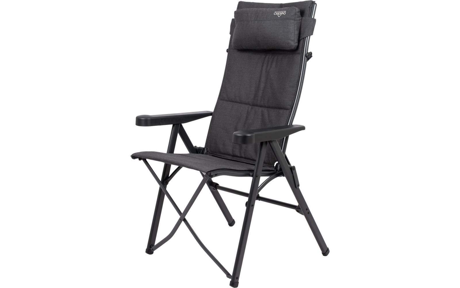Faltbarer dunkelgrauer Stuhl mit gepolstertem Rücken, kleinem Nackenkissen, Armlehnen und gekreuzten Metallbeinen