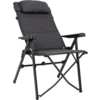 Dunkelgrauer, faltbarer Stuhl mit gepolstertem Kopfkissen, Stoffbezug, Armlehnen und schwarzem Metallgestell mit Querstreben
