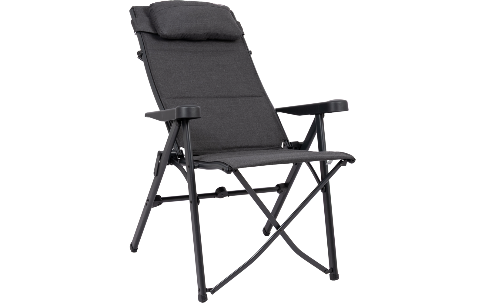 Dunkelgrauer, faltbarer Stuhl mit gepolstertem Kopfkissen, Stoffbezug, Armlehnen und schwarzem Metallgestell mit Querstreben