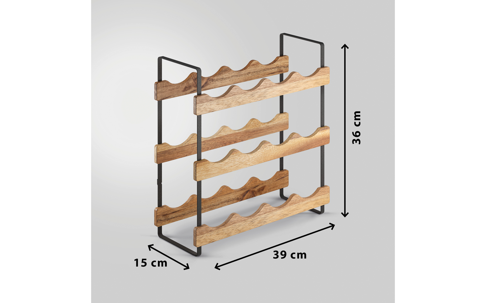 Schwarzes Metallgestell mit vier gewellten Holzablagen, Pfeile mit Maßen 39 cm (Breite), 15 cm (Tiefe), 36 cm (Höhe) auf hellem Hintergrund