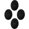 Four black, round pads with embossed logo on a white background