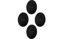 Vier schwarze, runde Polster mit geprägtem Logo auf weißem Hintergrund
