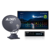 Satellite dish with 'ALDEN @' on a stand, flat-screen TV showing a Smart TV home screen, and two black receivers stacked