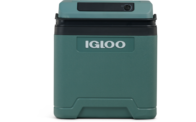 Grün-türkisfarbene Plastik-Kühlbox mit dunklerem Deckel und weißem "IGLOO"-Schriftzug vorn